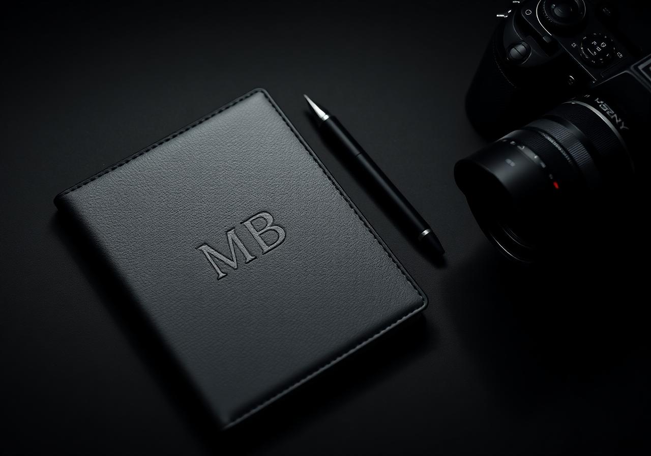 Designer's notebook, pen and camera on a black surface
